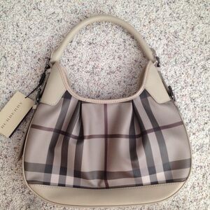 Burberry Beige Plaid Leather Trim Hobo Tote